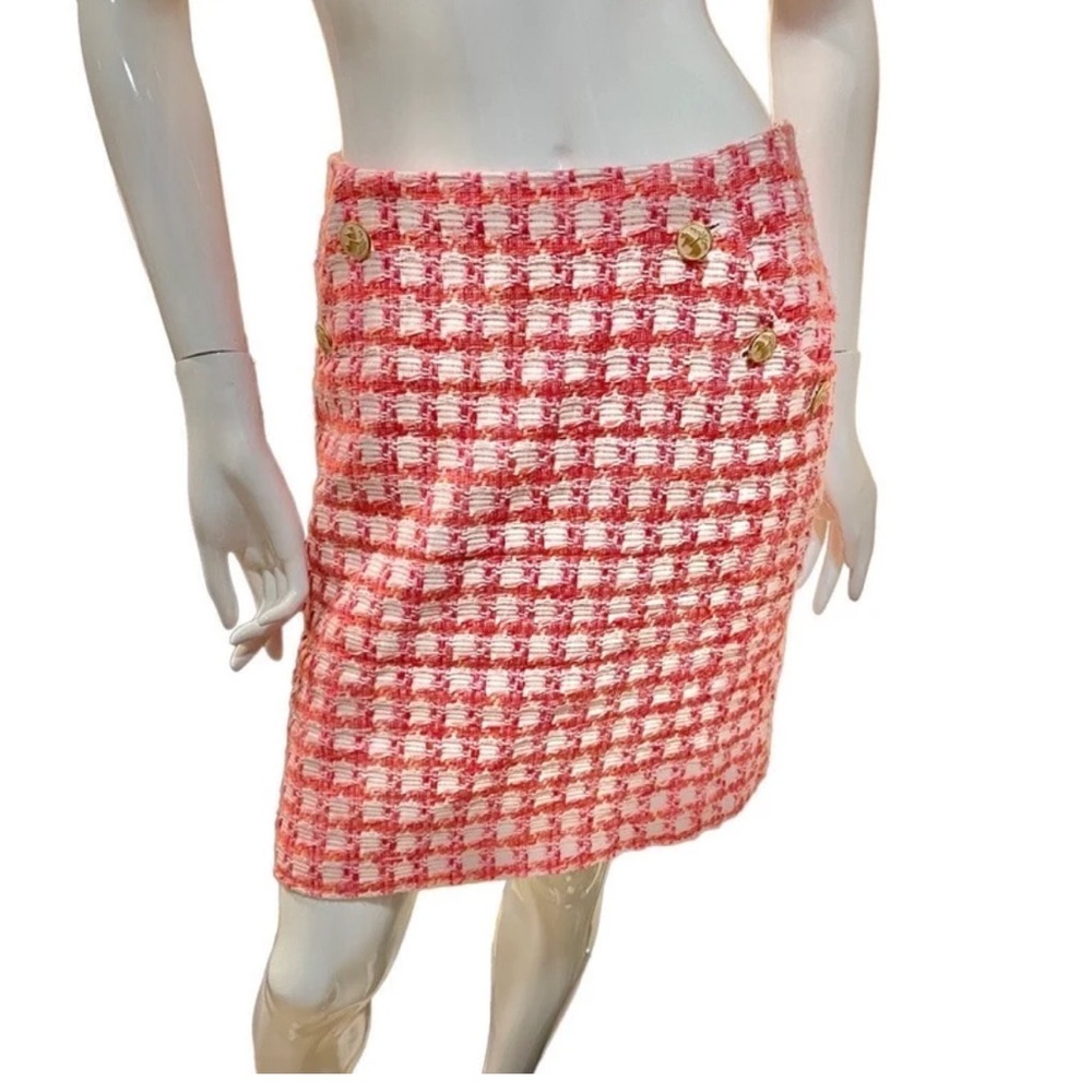 Y2K Brooks Brothers Tweed Boucle Plaid A-line Mini pink Orange White Skirt M - Picture 1 of 10